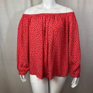 Gap Off the Shoulder Coral/Black Polka Dot Blouse